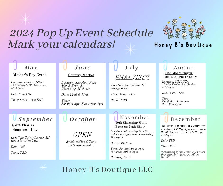 Honey B's Boutique 2024 Pop Up Shop Schedule