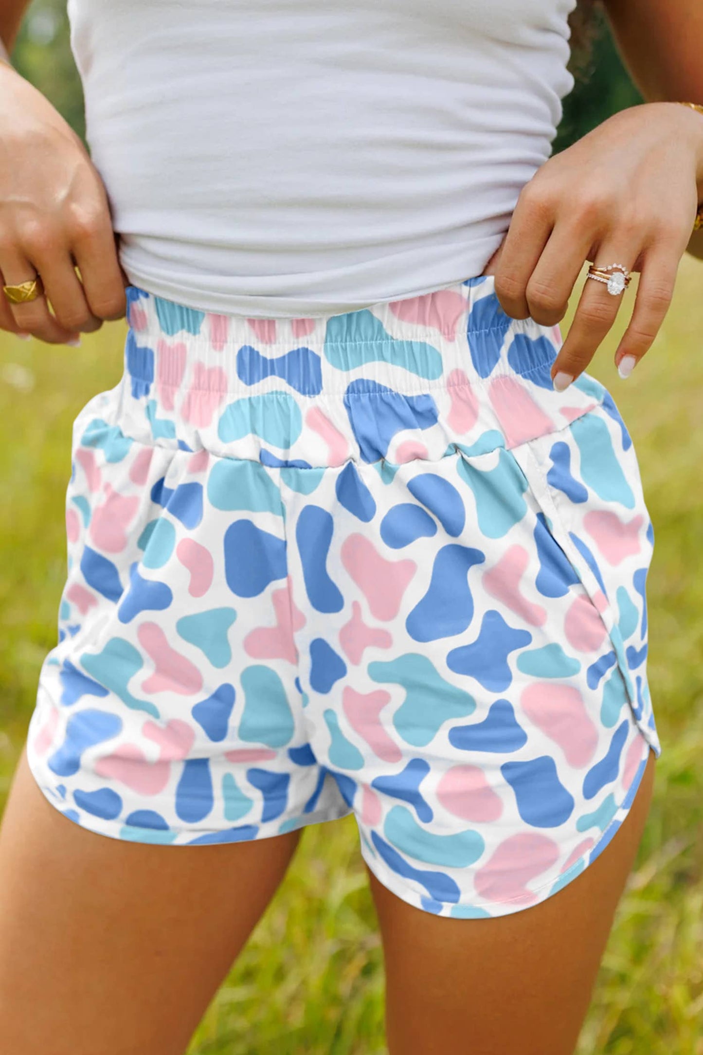 Camouflage Print Shirred High Waist Athleisure Shorts