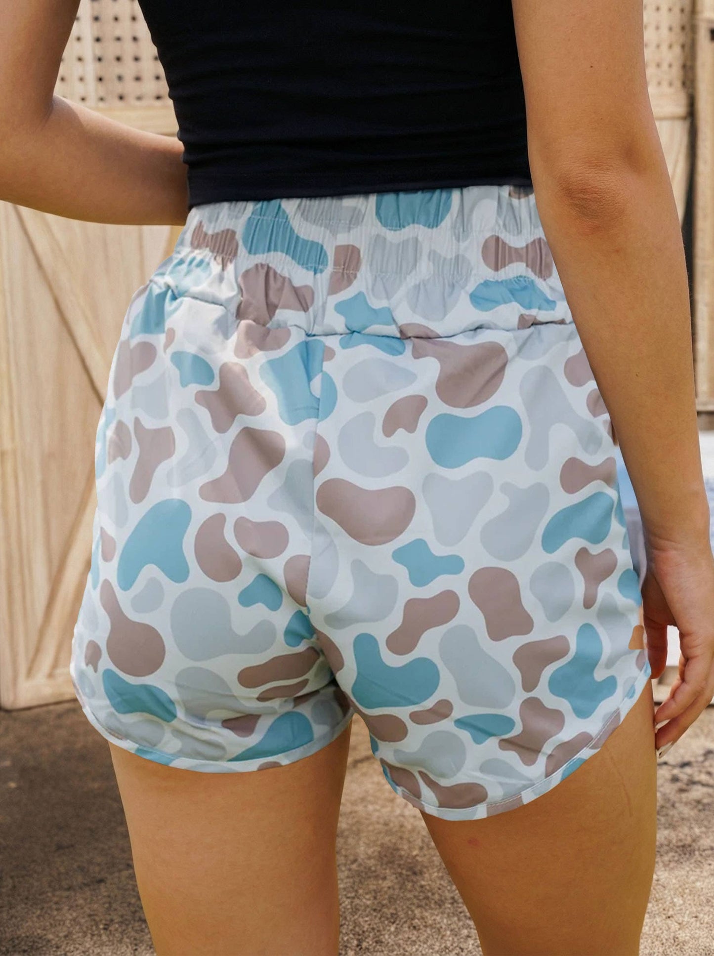 Camouflage Print Shirred High Waist Athleisure Shorts