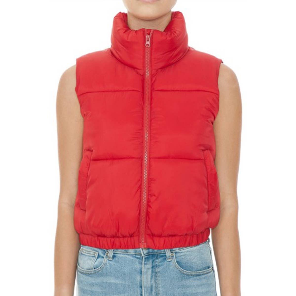 Nylon High Neck Faux Down Puffer Vest