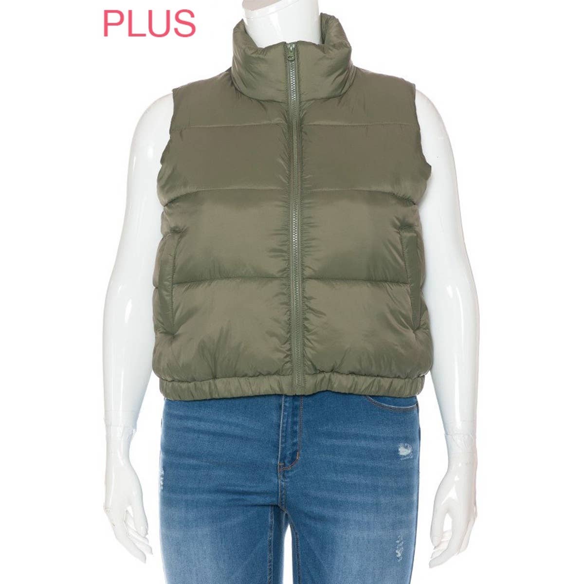 PLUS Nylon High Neck Faux Down Puffer Vest