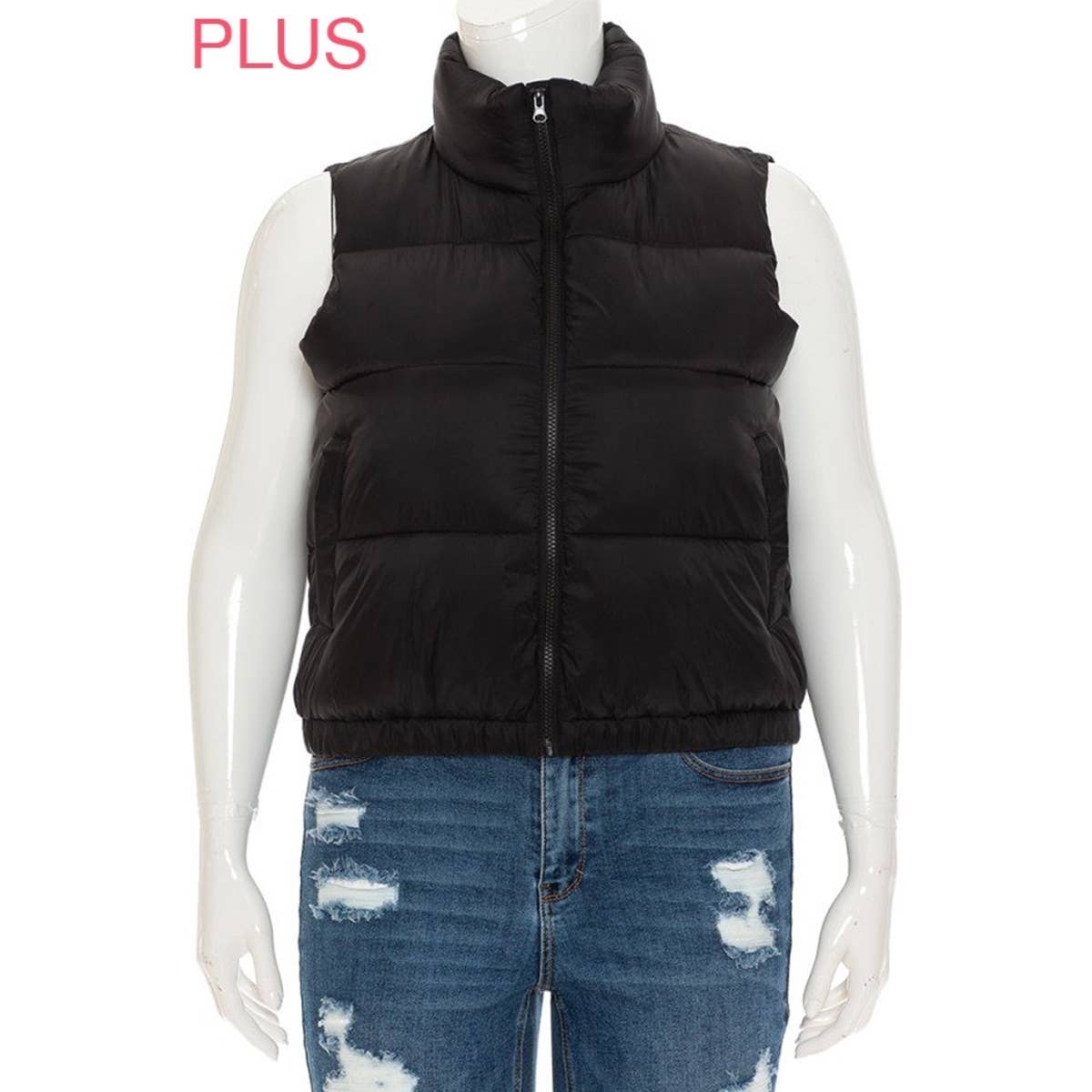 PLUS Nylon High Neck Faux Down Puffer Vest