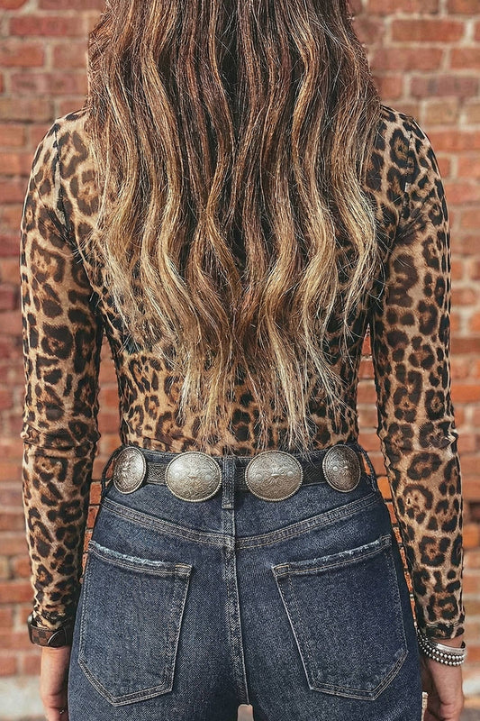 Spring 2026 Leopard Mesh Long Sleeve Mock Neck Top PREORDER
