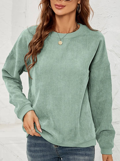Corduroy Sweater Casual Round Neck Pullover Long Sleeved Top