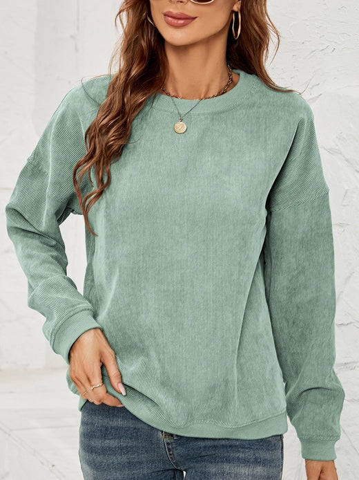 Corduroy Sweater Casual Round Neck Pullover Long Sleeved Top