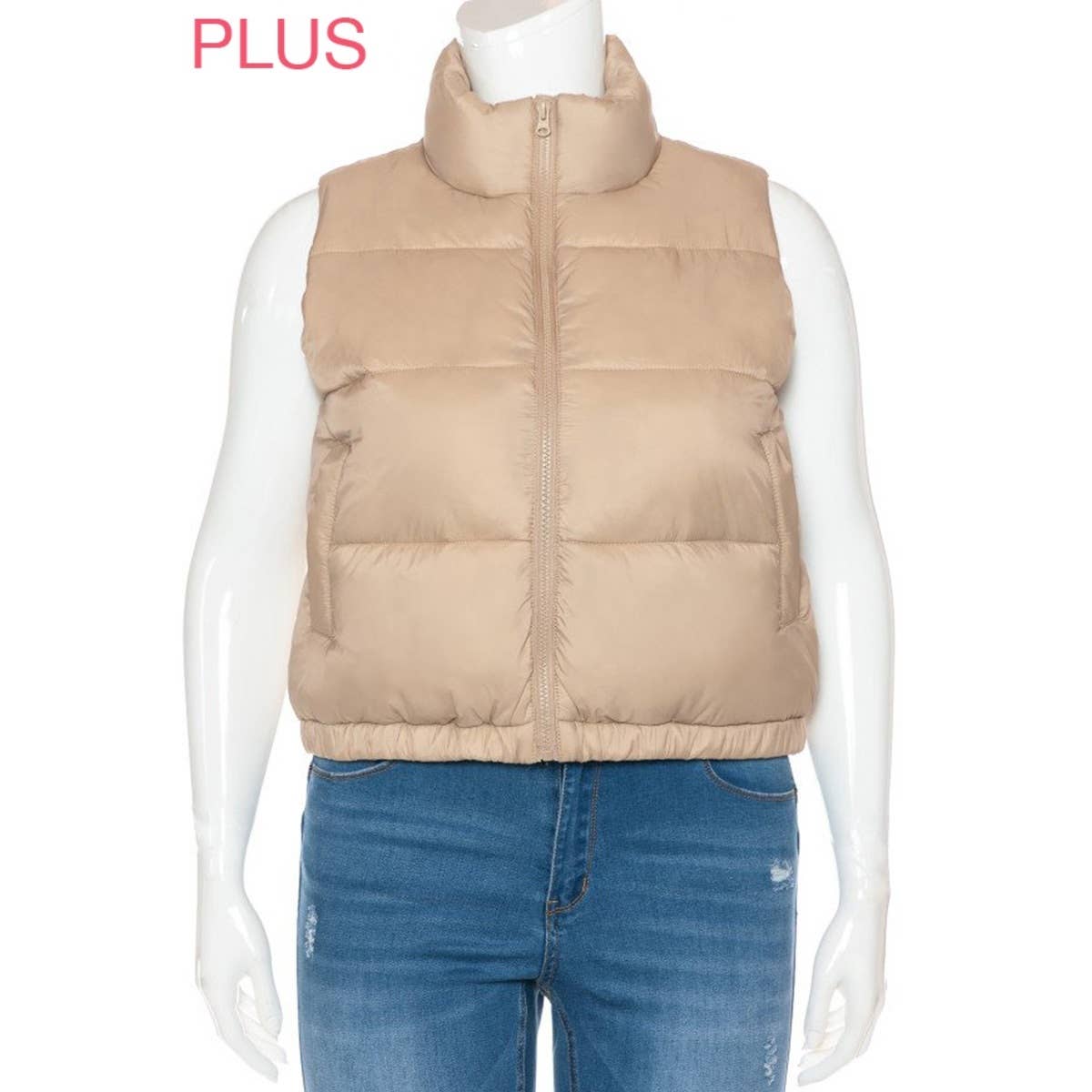 PLUS Nylon High Neck Faux Down Puffer Vest
