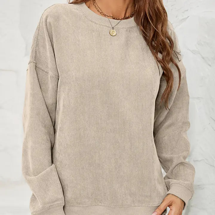 Corduroy Sweater Casual Round Neck Pullover Long Sleeved Top