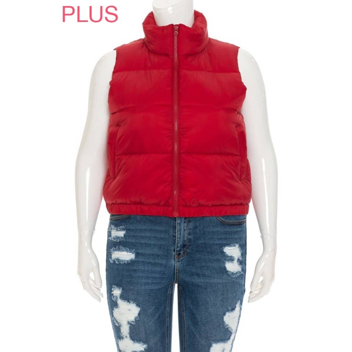 PLUS Nylon High Neck Faux Down Puffer Vest