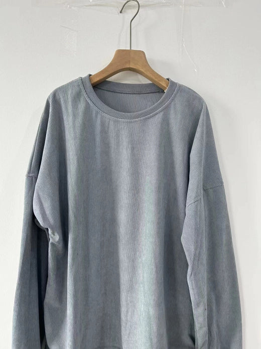 Corduroy Sweater Casual Round Neck Pullover Long Sleeved Top