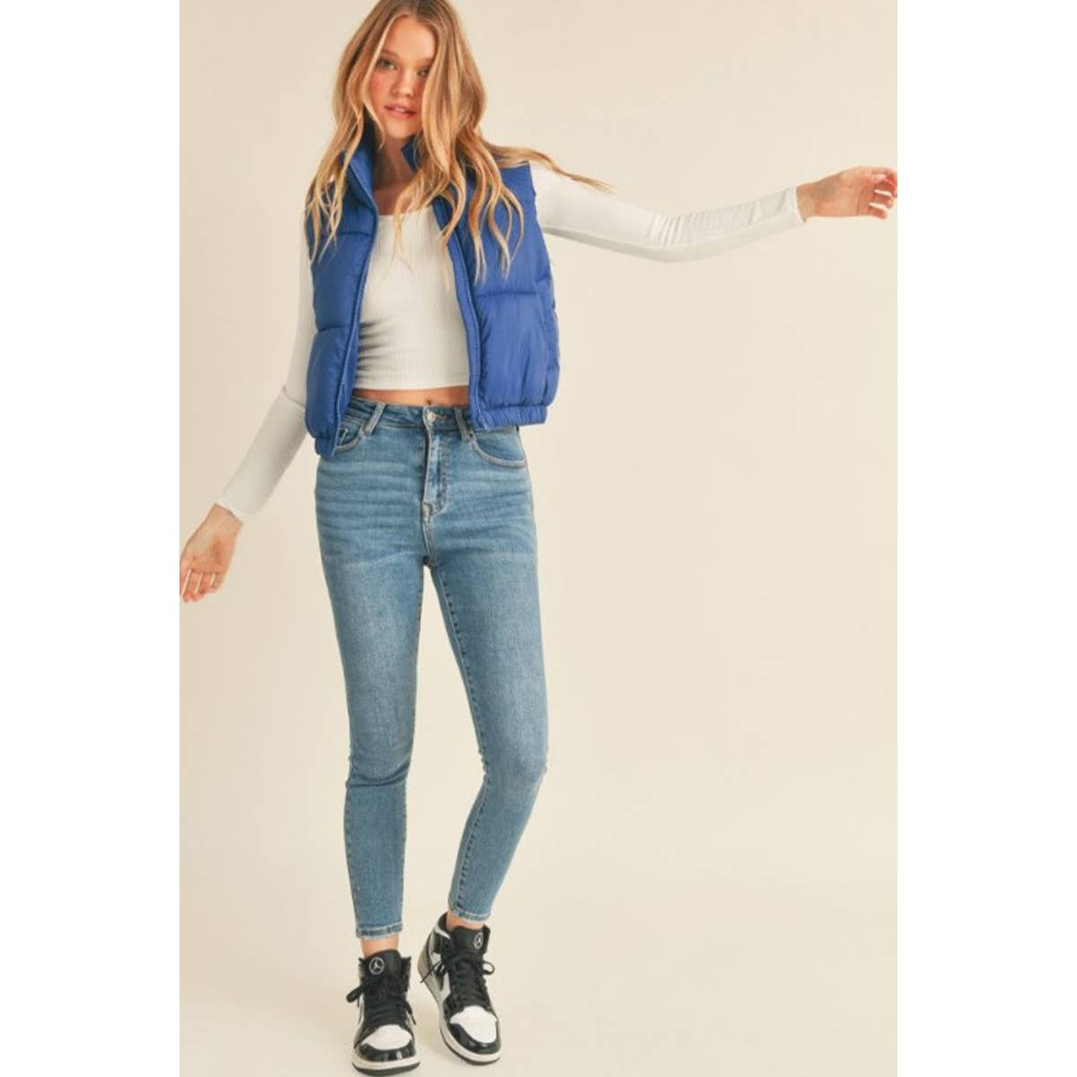 Nylon High Neck Faux Down Puffer Vest