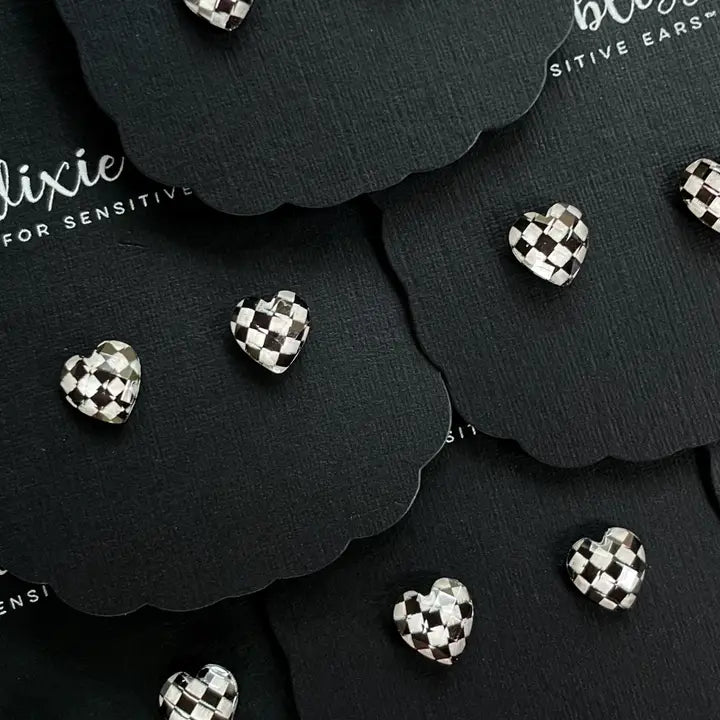 Black and White Checkered Heart Earrings