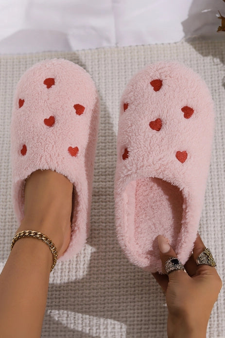 Heart Embroidered Plush Slippers