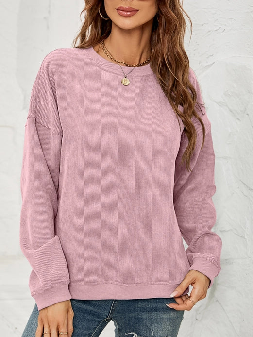 Corduroy Sweater Casual Round Neck Pullover Long Sleeved Top